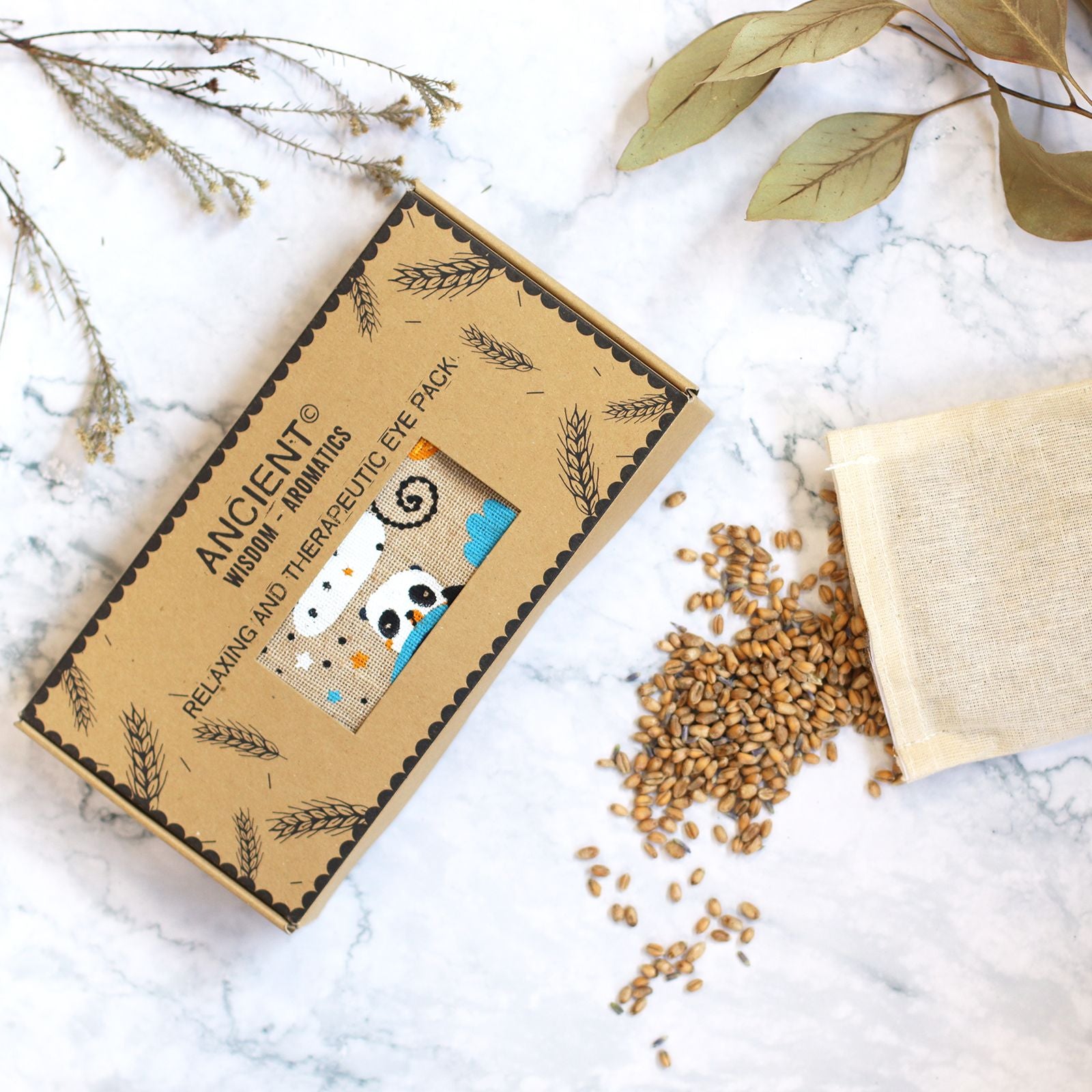Lavendel-Augenkissen aus natürlicher Baumwolle und Jute in Geschenkbox – Sleepy Panda