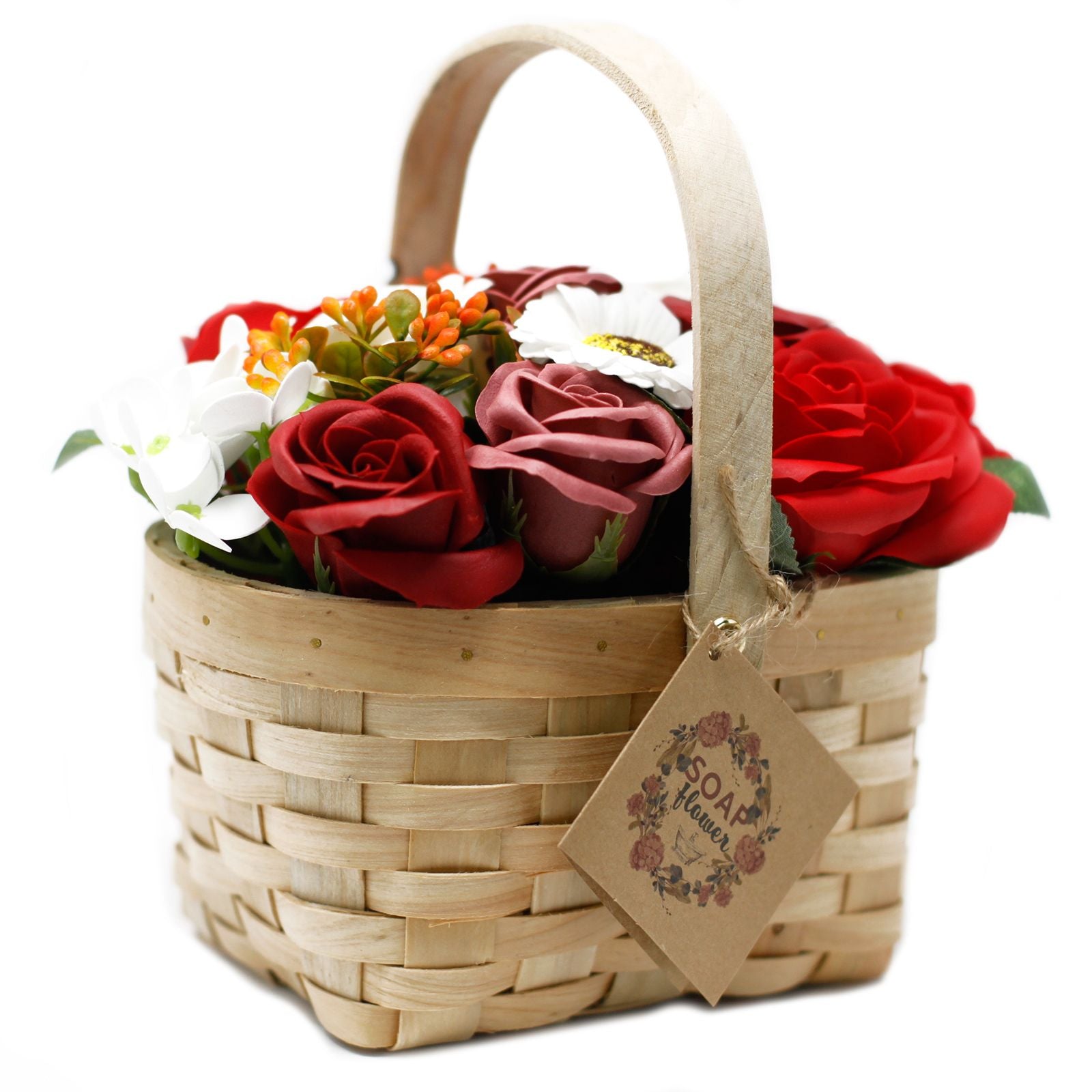 Großer roter Blumenstrauß in Weidenkorb