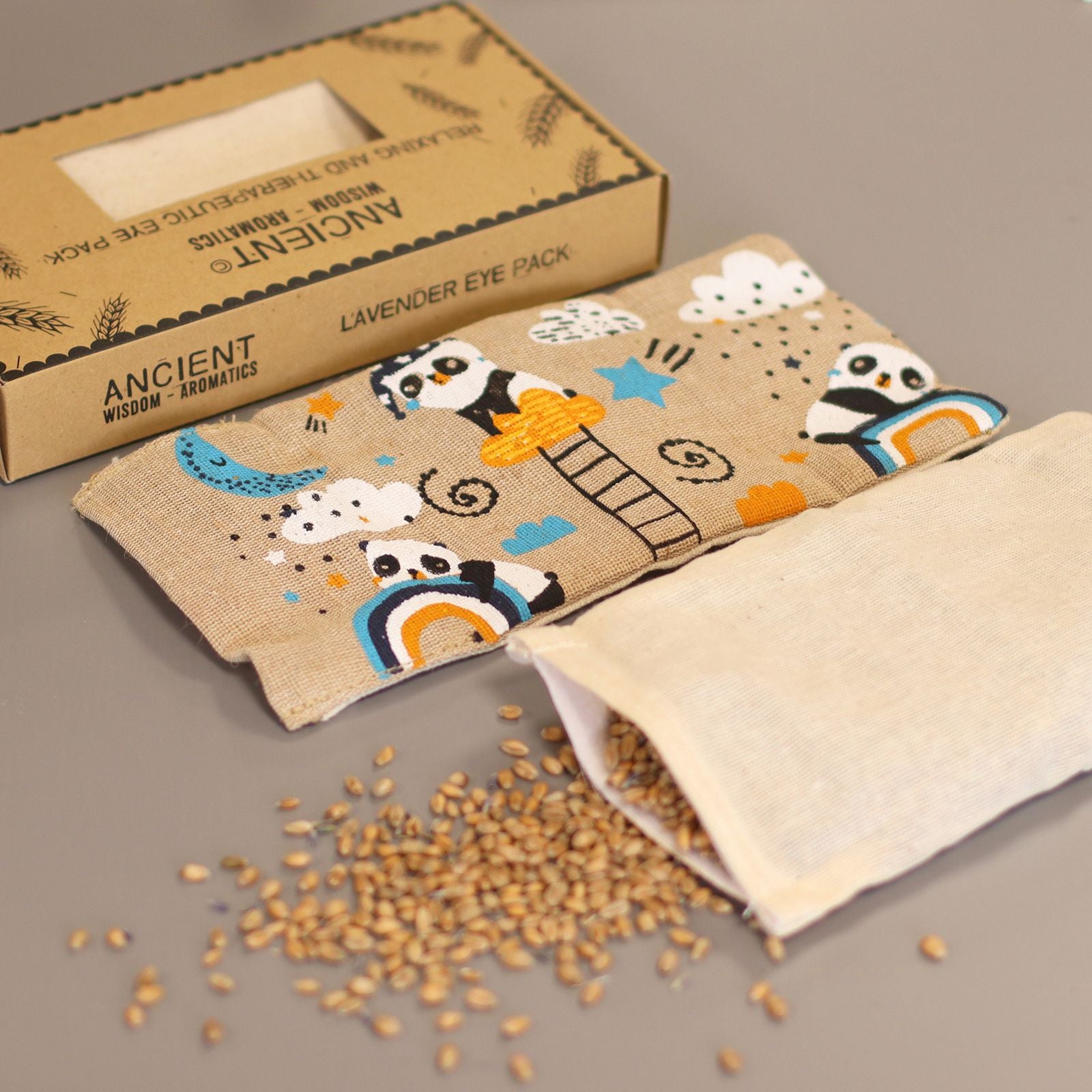 Lavendel-Augenkissen aus natürlicher Baumwolle und Jute in Geschenkbox – Sleepy Panda