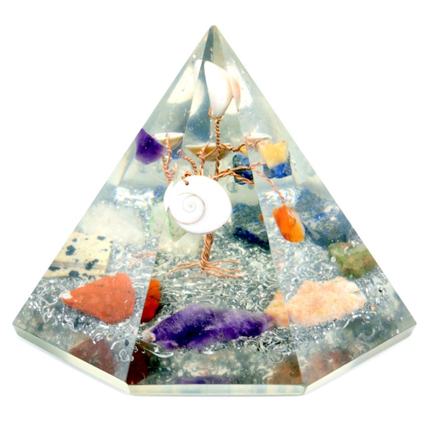 Pyramide orgonite à 7 côtés - Arbre de vie en pierres semi-précieuses - 90 mm