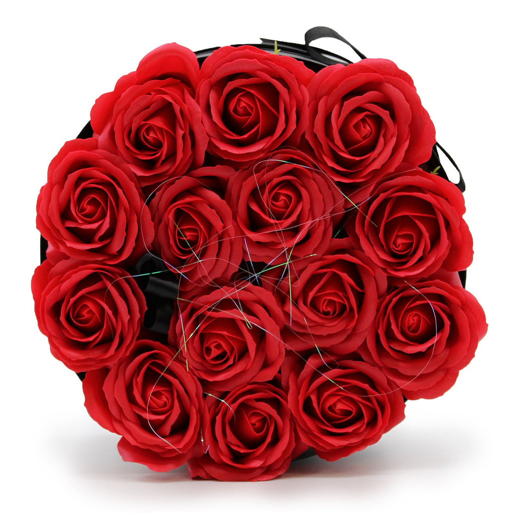 Bouquet de fleurs de savon – 14 roses rouges – Rond
