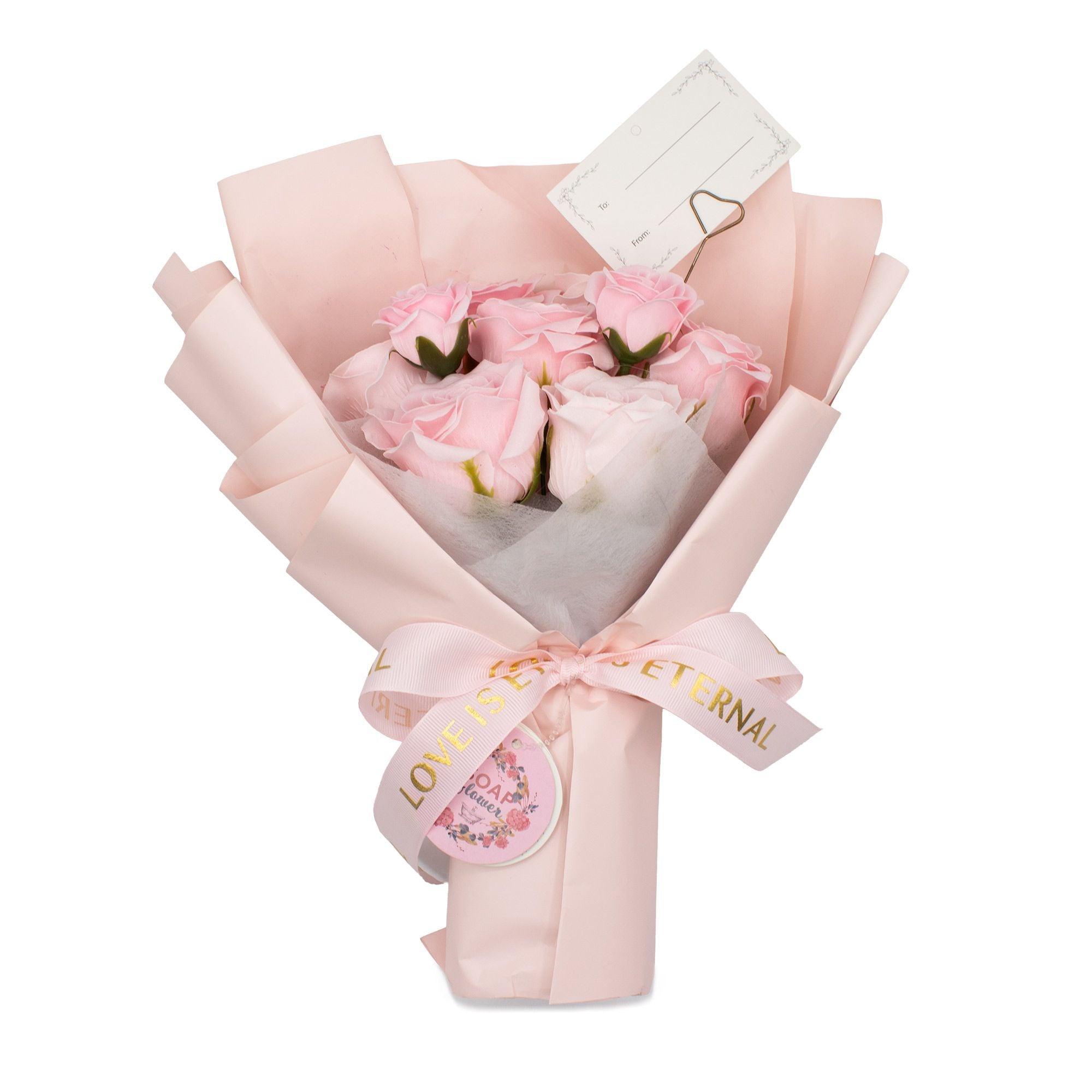 Großer Strauß rosa Rosen – Liebe ist ewig – Geschenkkarte