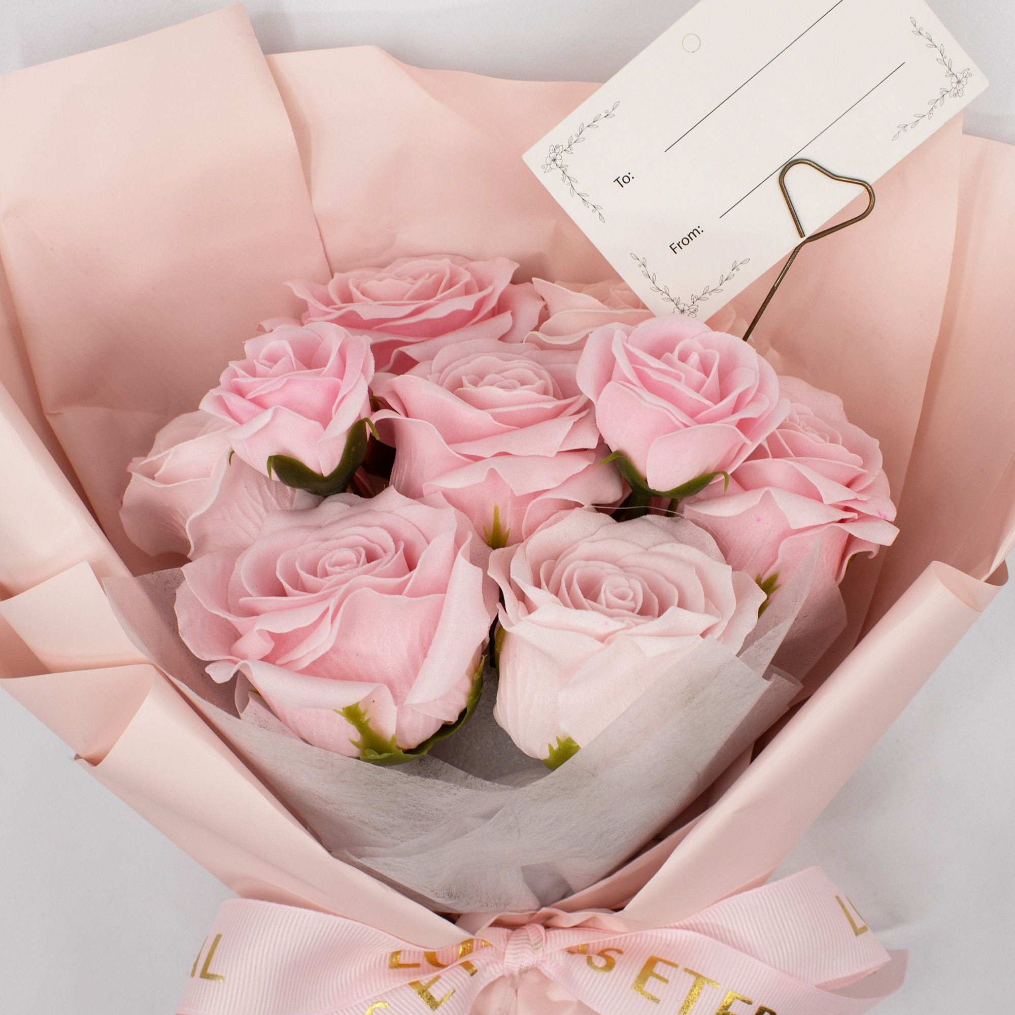 Großer Strauß rosa Rosen – Liebe ist ewig – Geschenkkarte